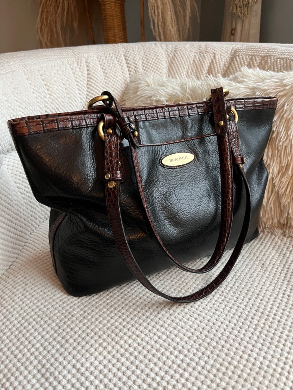 Brahmin Arno Tuscan Tote - Black Leather Tote w/ Brown Croc Trim